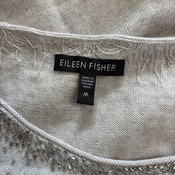 Eileen Fisher Beaded Merino Wool Tunic Sweater Dress Medium Scoop Neck Gray - Picture 4 of 6